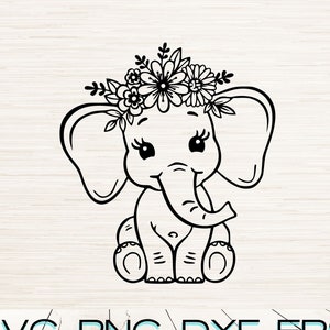 Bebé elefante y flores Svg Dxf Eps Png Jpg PDF descarga digital instantánea / Silueta de contorno de imágenes prediseñadas Vector / Grabado láser / Cricut