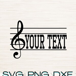 May include: Black and white graphic of a treble clef with five lines, with the text "YOUR TEXT" below the clef.