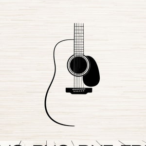 May include: Black and white silhouette of an acoustic guitar with a simple outline of the body and a detailed outline of the neck and headstock. The text "SVG, PNG, DXF, EPS, JPG, PDF" is below the image.