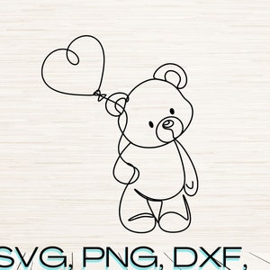 Minimalistische teddybeer en ballon Line Art Svg Dxf Png Instant Digitale Download, Lasergravure, Sublimatie, Continuous Line Art Tekening