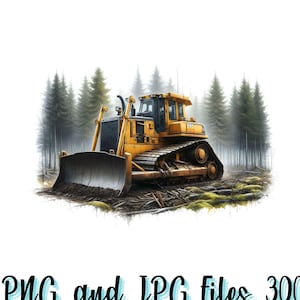 Pode incluir: Uma escavadora amarela limpando uma floresta. Arquivos PNG e JPG. 300 DPI alta resolução.