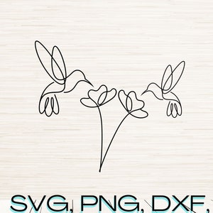 Minimalistische Kolibris und Blumen Strichzeichnungen Svg, Dxf, Png, sofortiger digitaler Download, Lasergravur, Sublimation, kontinuierliche Strichzeichnung
