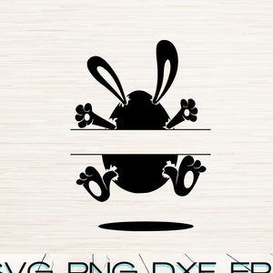 May include: Black silhouette of a bunny rabbit peeking out of an egg with its feet sticking out. The bunny is split in half horizontally with a space for a name or text.  SVG, PNG, DXF, EPS, JPG, PDF.