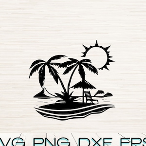 May include: Black and white silhouette of two palm trees on a small island with a beach chair under an umbrella. The sun is shining above the island.