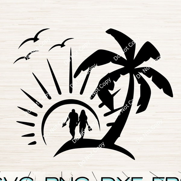 Romantic Walk on Beach Scene Svg instant digital download | Seaside Palm Trees Silhouette Vector Clipart Png Dxf | Laser engraving | Cricut