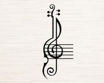 Peut inclure: Conception graphique en noir et blanc d'une clé de sol et d'un violon, avec cinq lignes horizontales représentant les lignes de la portée musicale.  SVG, PNG, DXF, EPS, JPG, PDF.