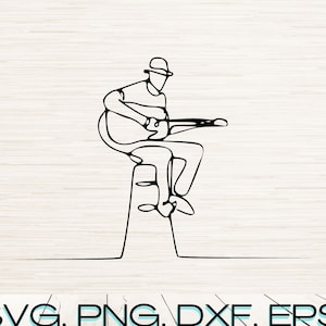 Könnte beinhalten: Linienkunst-Illustration einer Person, die auf einem Hocker sitzt und Gitarre spielt. Die Person trägt einen Hut.