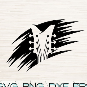 May include: Black and white graphic design of an electric guitar headstock with a stylized brushstroke effect.