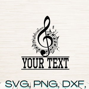Op de afbeelding: Zwart-wit muzikaal ontwerp met een G-sleutel omringd door muzieknoten. De tekst "YOUR TEXT" staat eronder in een vetgedrukte lettertype. De afbeelding bevat ook bestandsformaatopties.
