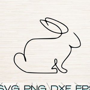 Puede incluir: Un dibujo de línea simple de un conejo, en negro, sobre un fondo de veta de madera. El texto "SVG, PNG, DXF, EPS, JPG, PDF" está debajo de la imagen.