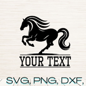 Puede incluir: Silueta negra de un caballo corriendo con su crin al viento. El caballo está situado sobre una pancarta con el texto "YOUR TEXT".