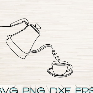 May include: A black and white line drawing of a coffee pot pouring coffee into a cup. The coffee pot has a spout and a handle. The cup has a handle and is sitting on a saucer.