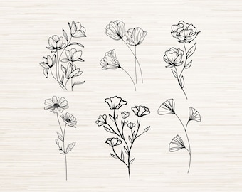 Paquete SVG de flores minimalistas, descarga instantánea, silueta, imágenes prediseñadas de primavera, vector simple, sublimación de camisetas, máquina cricut, enrutador CNC
