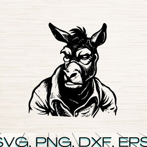 May include: Black and white illustration of a donkey wearing a shirt, looking to the left with a serious expression.