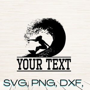 May include: Black and white silhouette of a person surfing a wave. The text "YOUR TEXT" is below the image. The image is on a woodgrain background.
