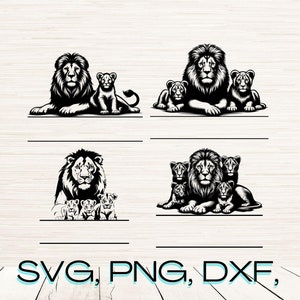 Puede incluir: Imagen en silueta en blanco y negro de una familia de leones. El león está sentado con tres cachorros a su alrededor. La imagen es adecuada para usar como descarga digital para proyectos de manualidades.