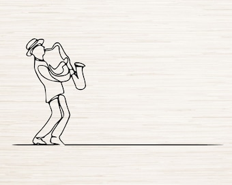 Saxofonista minimalista Art Svg Dxf Png Eps Pdf descarga digital instantánea / Grabado láser / Sublimación / Dibujo de arte lineal continuo