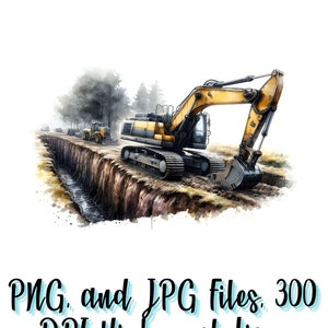Puede incluir: Una ilustración de acuarela de una excavadora amarilla cavando una zanja en un bosque. La excavadora está en primer plano, con dos vehículos más pequeños detrás de ella. La ilustración está sobre un fondo blanco.