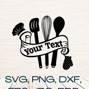 May include: Black and white silhouette of kitchen utensils, including a whisk, spoon, spatula, and a chef's hat, with a banner that says "Your Text".