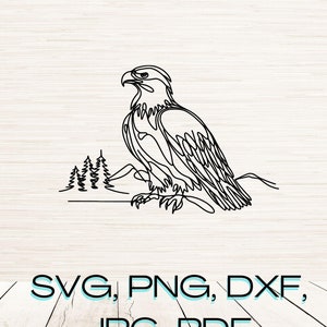 May include: A black and white line drawing of an eagle perched on a mountain with trees in the background. The eagle is facing to the right and has its wings spread out. The mountain is a simple shape with a few lines to represent the trees. The image is a simple and elegant design.