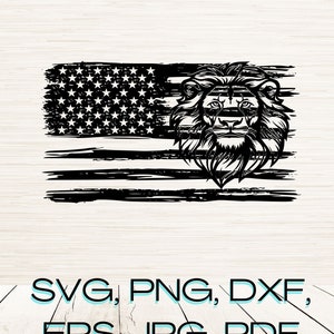 Peut inclure: Un design de drapeau américain en noir et blanc vieilli avec une tête de lion au centre. La tête de lion est tournée vers l'avant avec une expression sérieuse. Le drapeau est un design vieilli avec un aspect grunge.  SVG, PNG, DXF, EPS, JPG, PDF.
