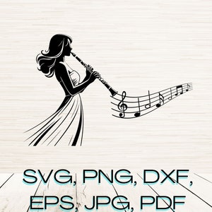 クラリネット SVG Dxf PNG EPS PDF Jpg インスタントデジタルダウンロード、グラフィックシルエットクリップアート、ミュージシャンTシャツ昇華、Cricut SVG、Glowforge