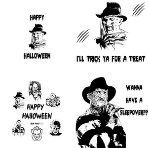 May include: Black and white illustration of Freddy Krueger, a horror movie character, with the text "I'll trick ya for a treat".
