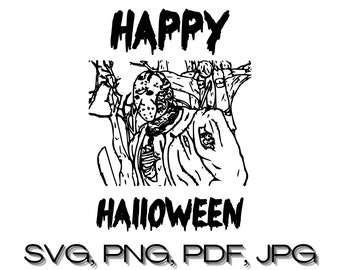 Jason Vorhees Feliz Halloween svg descarga digital instantánea / png jpg pdf clipart silueta / Decoración casera de Halloween / Grabado láser svg
