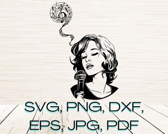 Mujer cantando Svg Dxf Png Eps Descarga digital instantánea / Contorno silueta Clipart Grabado láser / Sublimación / Cricut SVG / Glowforge