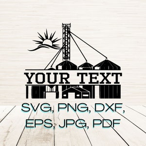 Könnte beinhalten: Schwarze und weiße Silhouette eines Getreidesilos mit einem Sonnenaufgang im Hintergrund. Der Text "YOUR TEXT" wird unter dem Silo angezeigt. Der Text "SVG, PNG, DXF, EPS, JPG, PDF" wird unter dem Text angezeigt.