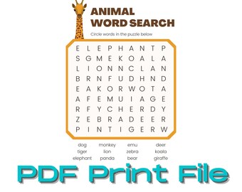 Kid's animal word search PDF instant digital download | Printable download | Classroom activity | Childrens party activity | School activity