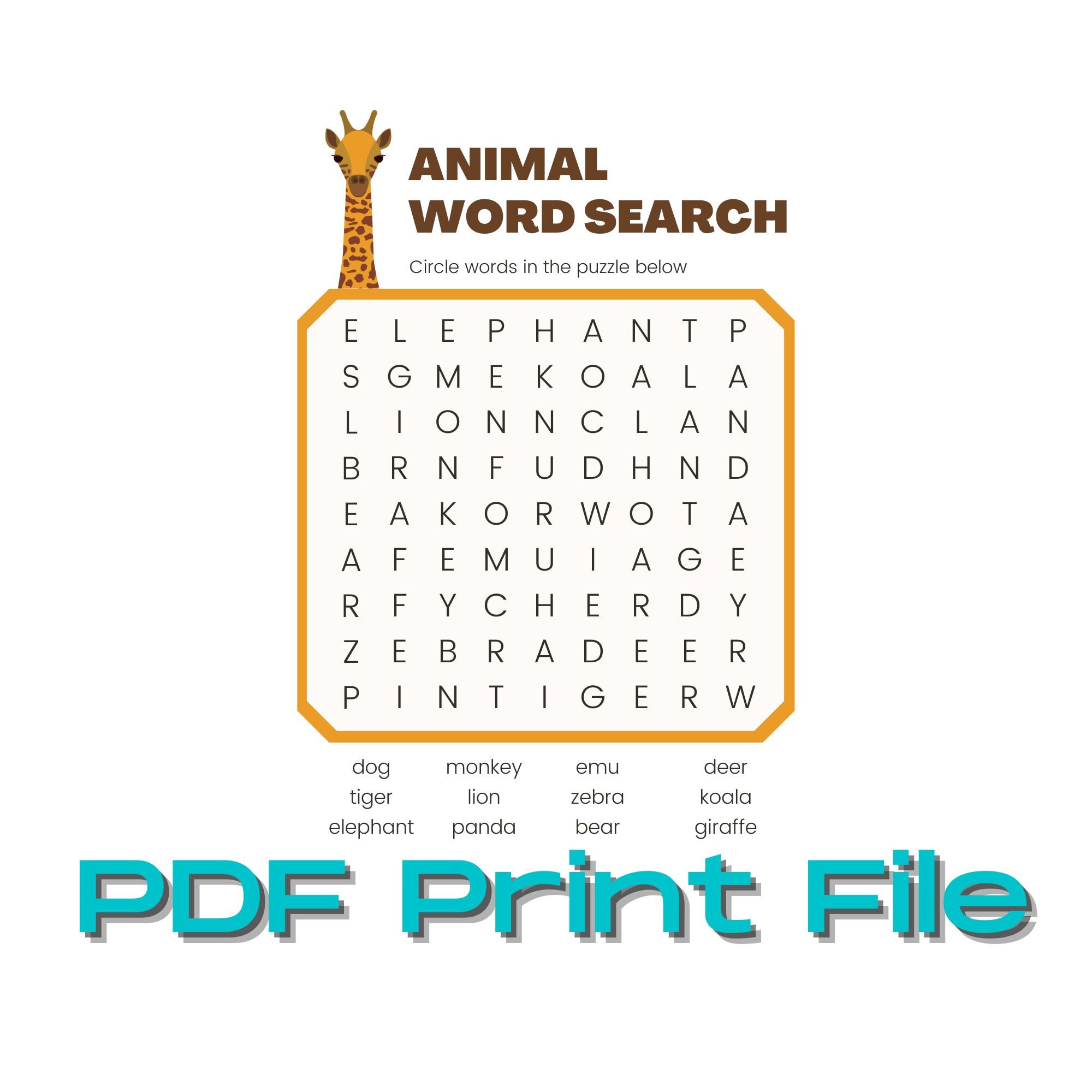 Kid's Animal Word Search PDF Instant Digital Download - Etsy