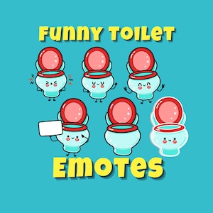 以下が含まれることがあります： さまざまな表情をしたトイレのカートゥーンキャラクター6体セット。キャラクターの上に「Funny Toilet Emotes」というテキストがあります。