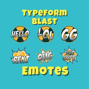 Può includere: Un'illustrazione di graphic design di un set di sei fumetti colorati con testo al loro interno. Il testo include "Hello", "LOL", "GG", "REKT", "OMG" e "SUB HYPE". Il testo è in grassetto, bianco. I fumetti sono su uno sfondo blu. Il testo "Typeform Blast Emotes" è in giallo nella parte superiore e inferiore dell'immagine.