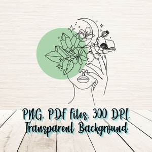May include: Line art illustration of a woman's face with a crescent moon, flowers, and crystals covering one eye. The background is a light green circle.