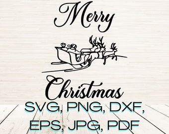 Minimalista Feliz Natal Trenó do Papai Noel Svg Download digital instantâneo | Arte de linha | Arquivo de corte de gravação a laser | Cricut | Forja Brilhante | Uma linha