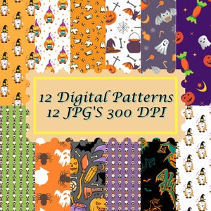 Könnte beinhalten: Zwölf digitale Halloween-Muster in einer Collage. Die Muster zeigen Geister, Kürbisse, Mais, Fledermäuse, Hexen, Gnome und andere Halloween-Bilder. Der Text "12 Digital Patterns 12 JPG'S 300 DPI" befindet sich in der Mitte der Collage.