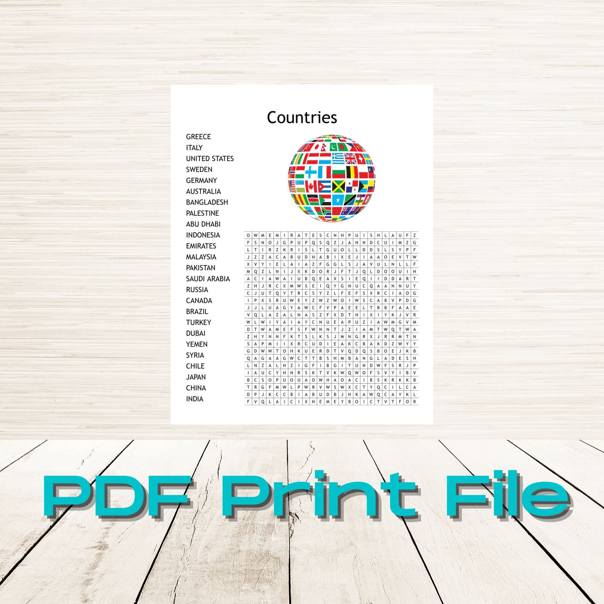 Kids World Countries word search PDF instant digital download | Printable download | Classroom activity | Childrens birthday party activity