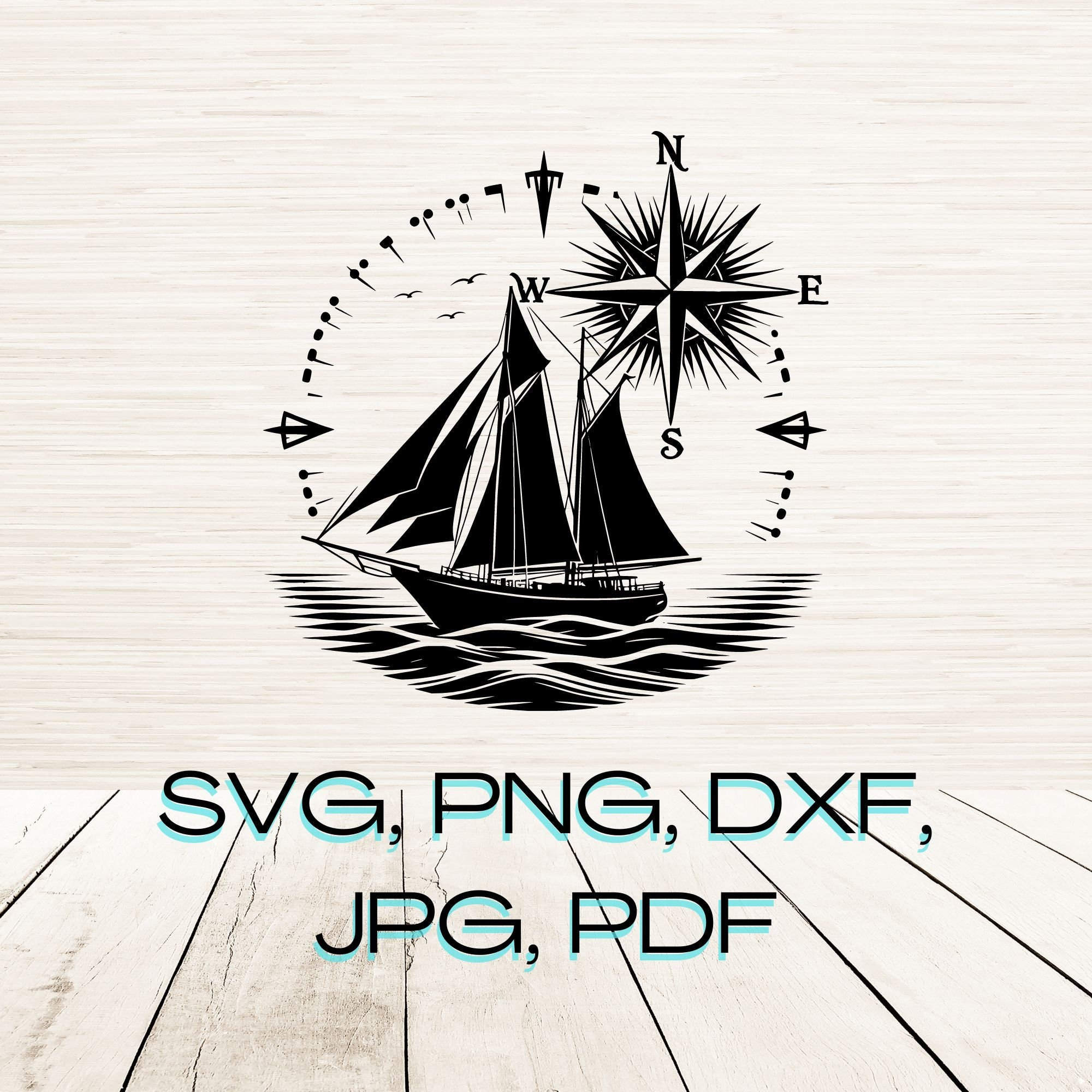 Sailboat Art SVG PNG Dxf Instant Digital Download, Silhouette Clipart Vector File, Oceanic Captain Graphic, Sailing T shirt Sublimation Logo