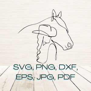May include: Line art drawing of a person wearing a baseball cap with a horse's head beside them. The drawing is in black and white and is on a woodgrain background. The text "SVG, PNG, DXF, EPS, JPG, PDF" is below the drawing.