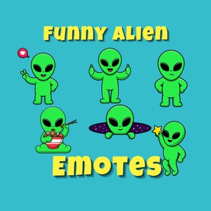 Puede incluir: Una ilustración de dibujos animados presenta seis extraterrestres verdes en varias poses sobre un fondo verde azulado. Los extraterrestres muestran diferentes emociones y acciones, incluyendo un signo de paz, pulgar arriba y comiendo fideos. El texto "FUNNY ALIEN EMOTES" se muestra en amarillo.