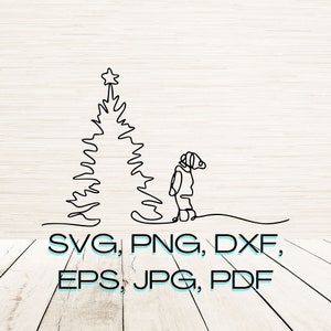 May include: A line drawing of a person standing next to a Christmas tree. The person is wearing a hat and a coat. The tree has a star on top. The text "SVG, PNG, DXF, EPS, JPG, PDF" is below the image.