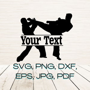 Könnte beinhalten: Schwarz-weiße Silhouette von zwei Personen in einer Kampfkunstpose. Der Text "Your Text" wird in einem Banner zwischen den Figuren angezeigt.