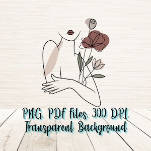 Minimalist Floral Woman Line Art PNG-Datei | Sofortiger digitaler Download | Minimalistische Umrisse | Moderne Wandkunst | Künstlerische Sublimation