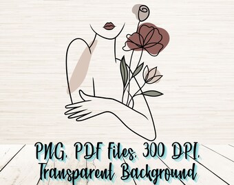 Minimalist Floral Woman Line Art PNG File | Instant Digital Download | Minimalist Clipart Outline | Modern Wall Art | Artistic Sublimation