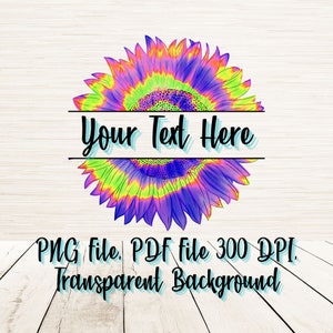 Split Monogram Tie Dye Flower Art PNG-fil direkt digital nedladdning, namntextutrymmesdesign, akvarellgrafik, färgglad anpassningsbar