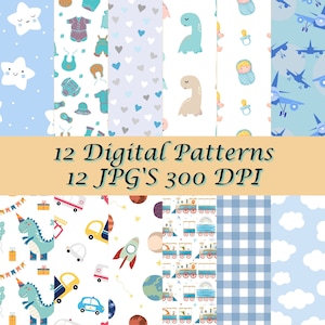 May include: A set of 12 digital patterns featuring baby-themed designs. The patterns showcase stars, hearts, dinosaurs, aeroplanes, and other playful illustrations in blue, white, and yellow. The text "12 Digital Patterns 12 JPG'S 300 DPI" is visible.