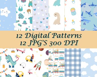 Baby Boy Digital Paper designs | Digital Backgrounds | Scrapbook Paper | Printable Paper| Instant download | High Resolution Bundle of 12