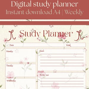 Puede incluir: Una plantilla de planificador de estudios digital con fondo crema e ilustraciones florales rosas. El diseño incluye secciones de lunes a domingo, objetivos, una lista de tareas y prioridades, con el texto Study Planner en la parte superior.