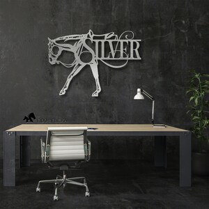 silver western pleasure horse personalized wall art on dark wall in office